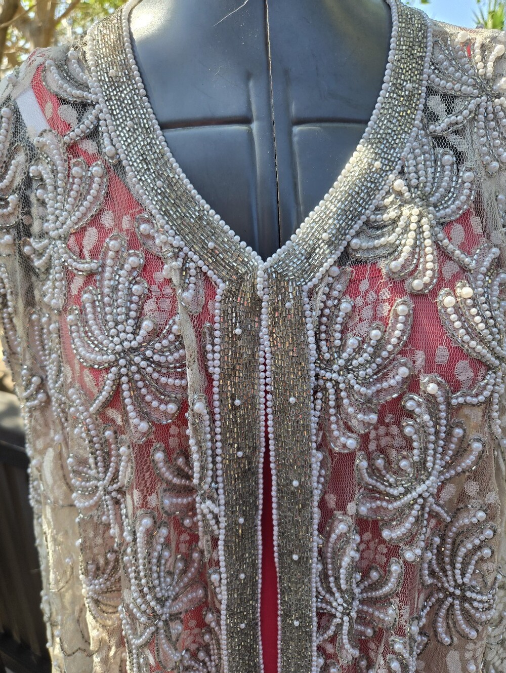 Scala Silver Cream Lace Formal Top Duster Beaded With Pearls Starburst 2XL